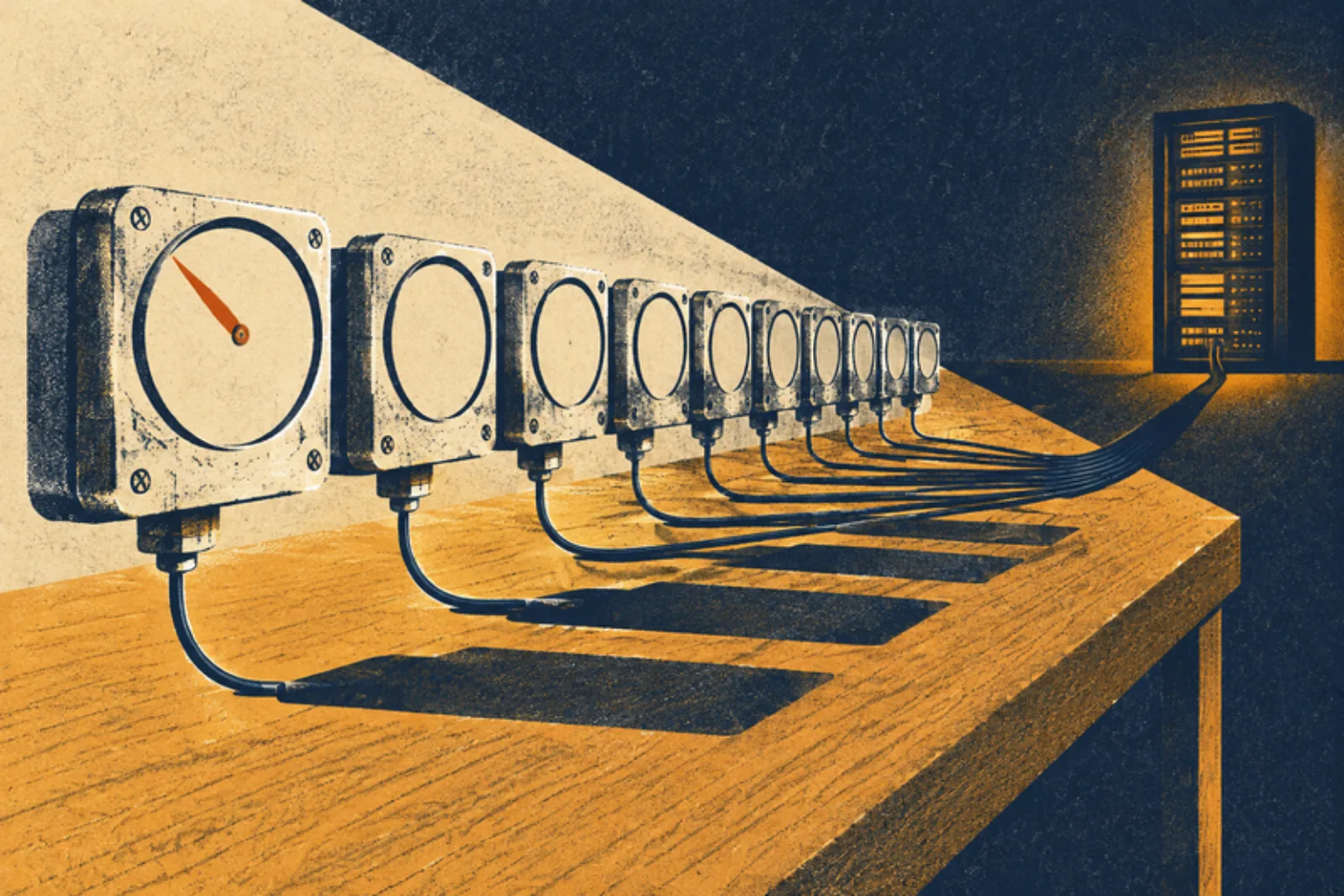 A row of square metal household meters with blank round dials stands along a wooden table, the nearest with a single burnt-orange needle; their thin navy wires gather into one cable that runs off the table to a server rack glowing amber in the dark, under a wedge of pale light that throws long shadows across the table.